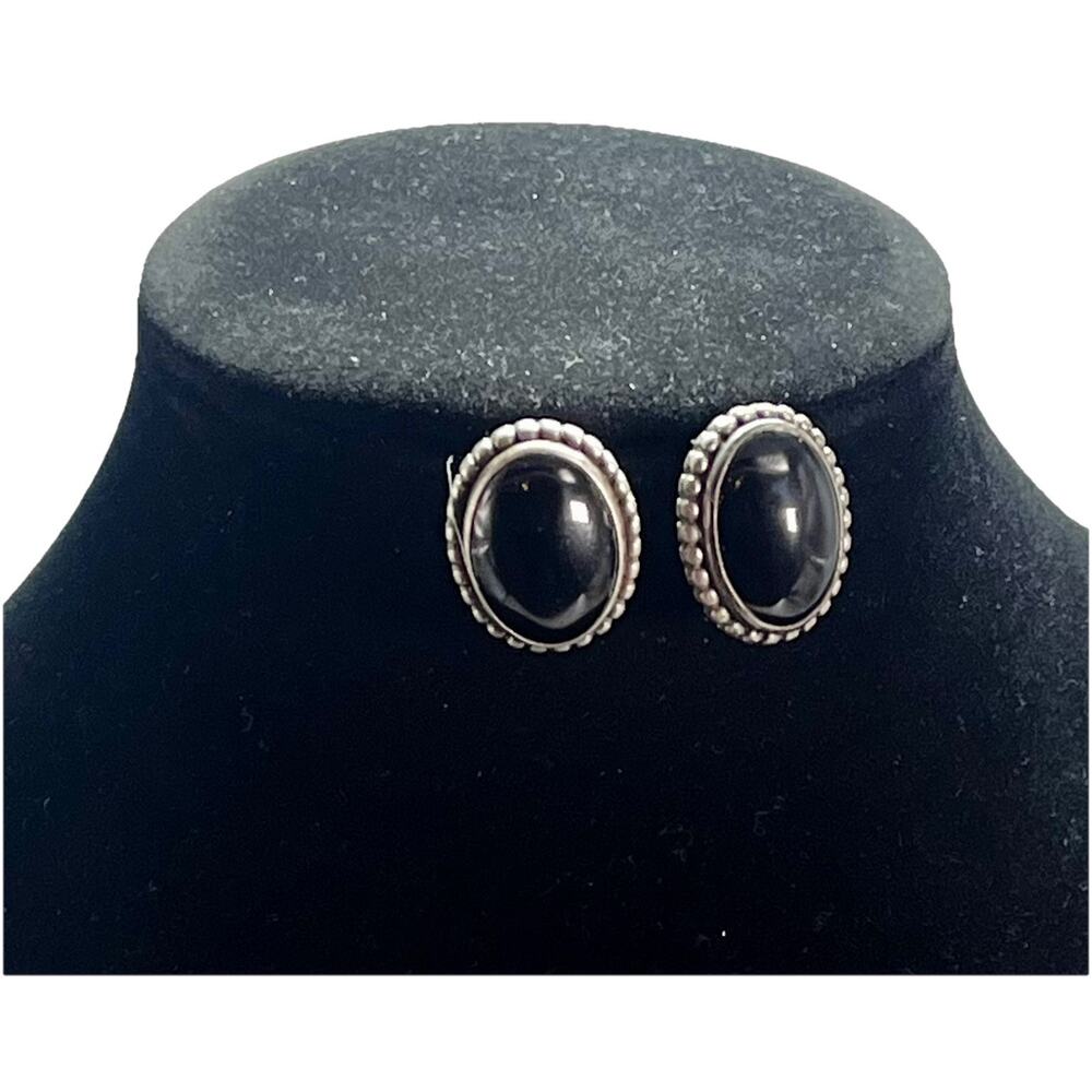 VTG Signed MJ Sterling Silver 925 Cabochon Black Onyx Stud Oval Earrings - 9.8g